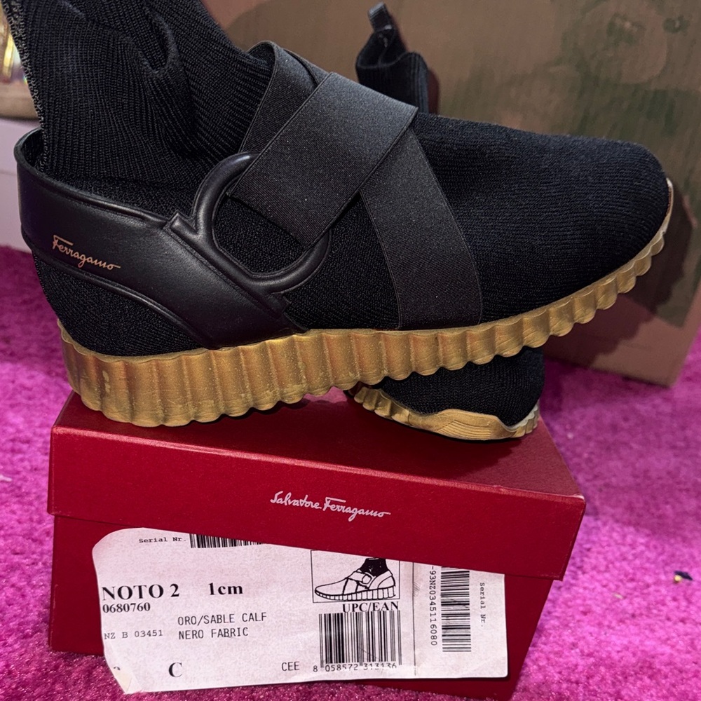 Salvatore Ferragamo Black Knit Slip-On Sneaker with Gold Ribbed Sole